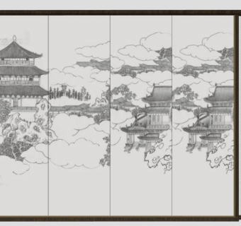 新中式山水背景墙，山水屏风博古柜，展示柜